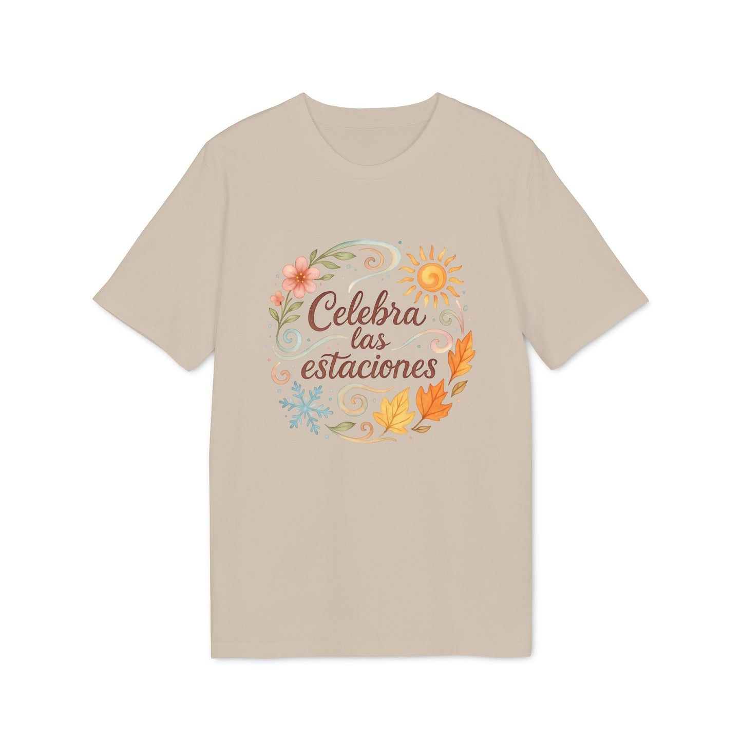 Celebra las Estaciones Rudolf Steiner 100% Organic Cotton T-Shirt beige con diseño floral y hojas estacionales y texto “Celebra las estaciones”
