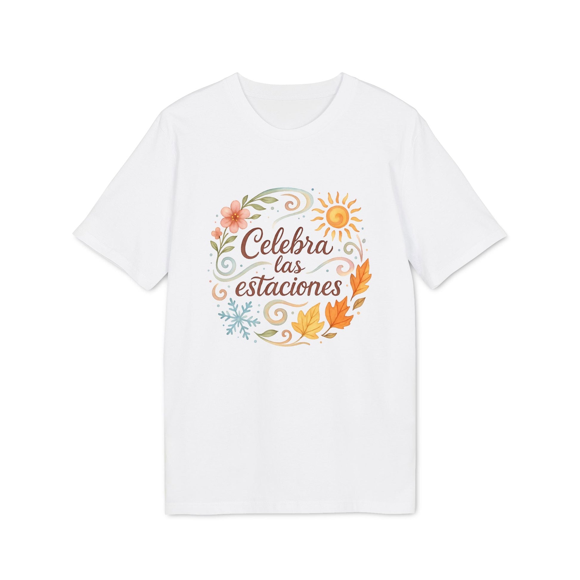 Alt Tag: Celebra las Estaciones Rudolf Steiner 100% Organic Cotton T-Shirt blanca con diseño “Celebra las estaciones” y motivos florales y de hojas