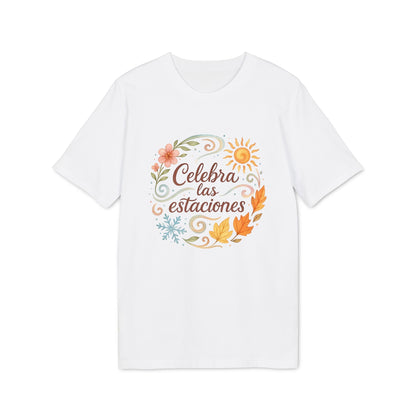 Alt Tag: Celebra las Estaciones Rudolf Steiner 100% Organic Cotton T-Shirt blanca con diseño “Celebra las estaciones” y motivos florales y de hojas