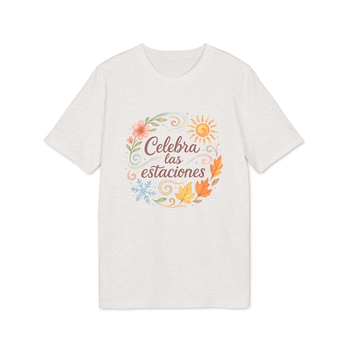 Celebra las Estaciones Rudolf Steiner 100% Organic Cotton T-Shirt camiseta blanca con diseño circular "Celebra las estaciones" y motivos florales