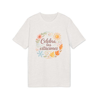 Celebra las Estaciones Rudolf Steiner 100% Organic Cotton T-Shirt camiseta blanca con diseño circular "Celebra las estaciones" y motivos florales