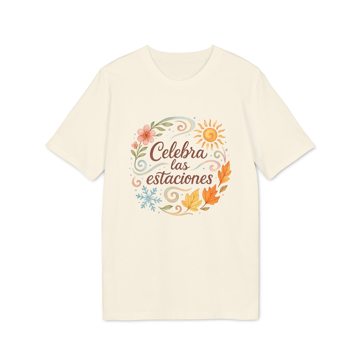 Alt Tag: Celebra las Estaciones Rudolf Steiner 100% Organic Cotton T-Shirt color crema con ilustración floral y sol y texto “Celebra las estaciones”