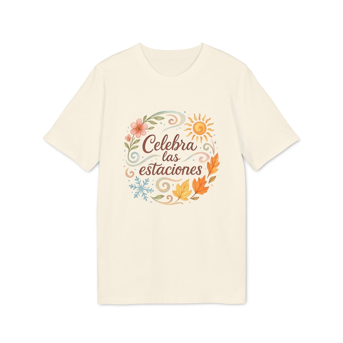 Alt Tag: Celebra las Estaciones Rudolf Steiner 100% Organic Cotton T-Shirt color crema con ilustración floral y sol y texto “Celebra las estaciones”