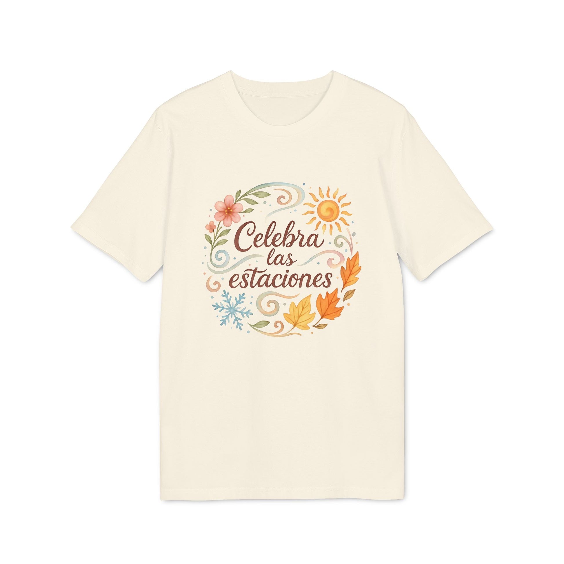 Alt Tag: Celebra las Estaciones Rudolf Steiner 100% Organic Cotton T-Shirt color crema con ilustración floral y sol y texto “Celebra las estaciones”