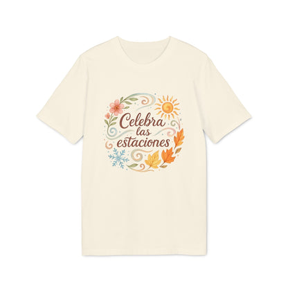 Alt Tag: Celebra las Estaciones Rudolf Steiner 100% Organic Cotton T-Shirt color crema con ilustración floral y sol y texto “Celebra las estaciones”
