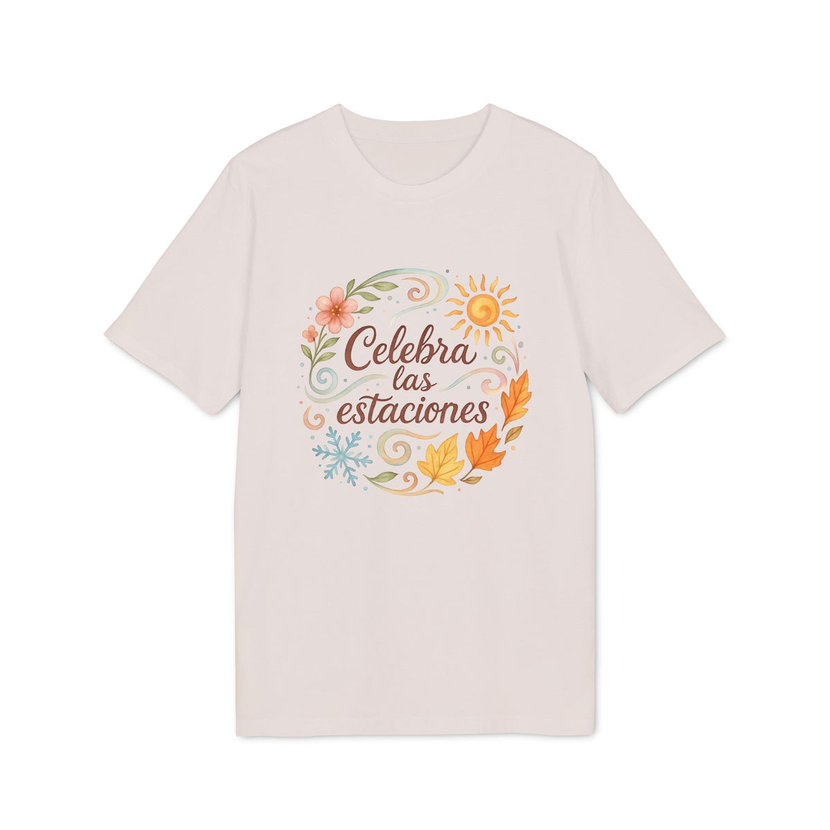 Alt Tag: Celebra las Estaciones Rudolf Steiner 100% Organic Cotton T-Shirt blanca con gráfico circular de estaciones y texto 