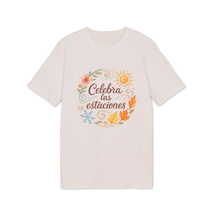 Alt Tag: Celebra las Estaciones Rudolf Steiner 100% Organic Cotton T-Shirt blanca con gráfico circular de estaciones y texto "Celebra las estaciones"