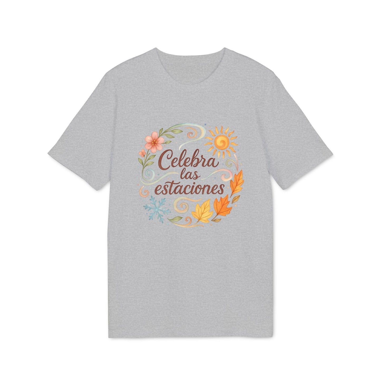 Celebra las Estaciones Rudolf Steiner 100% Organic Cotton T-Shirt gris con diseño circular de estaciones y texto “Celebra las estaciones”