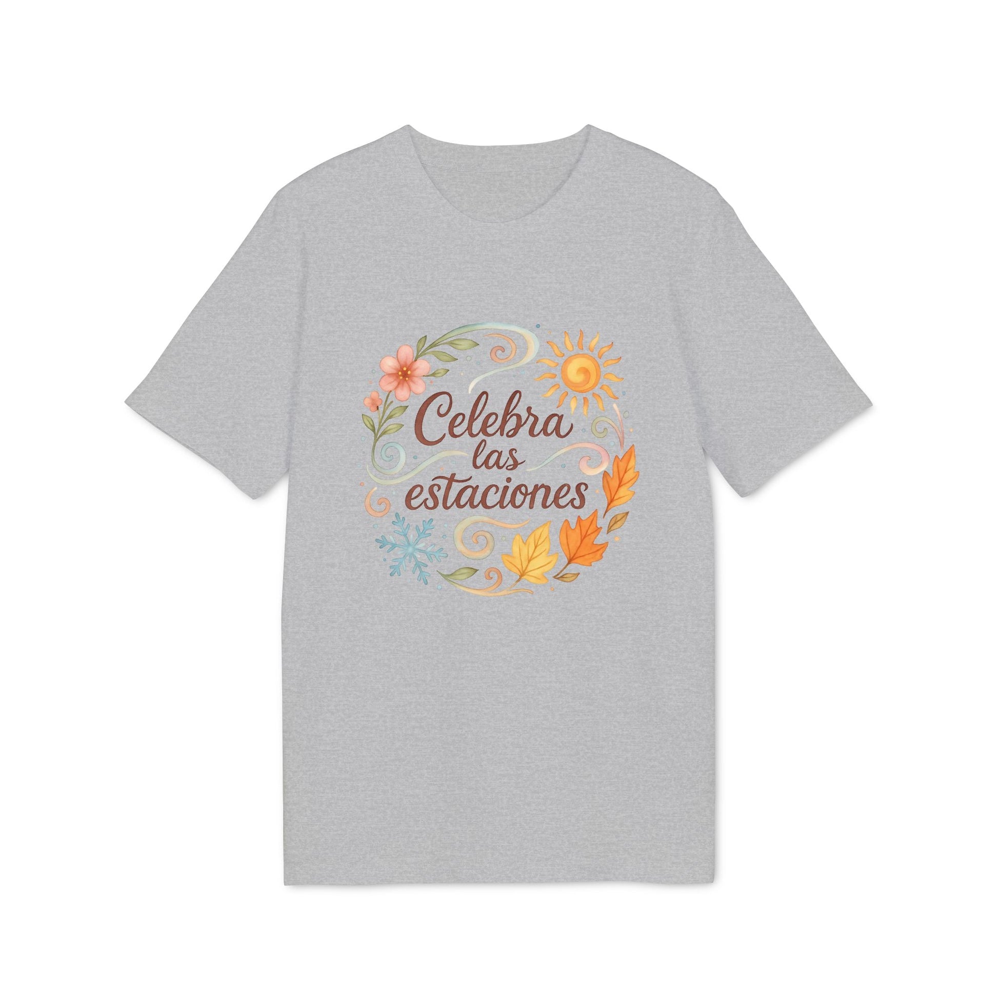 Celebra las Estaciones Rudolf Steiner 100% Organic Cotton T-Shirt gris con diseño circular de estaciones y texto “Celebra las estaciones”