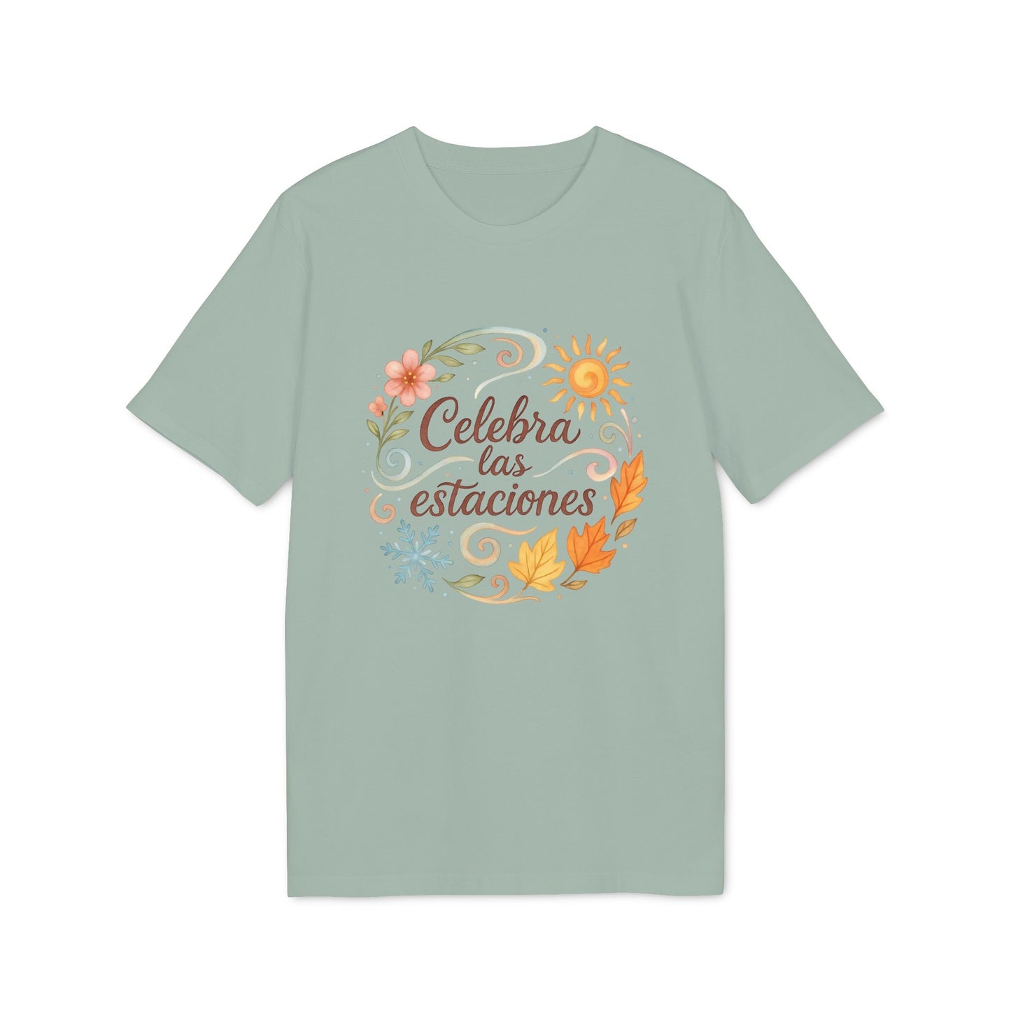 Celebra las Estaciones Rudolf Steiner 100% Organic Cotton T-Shirt camiseta verde salvia con diseño “Celebra las estaciones” y motivos florales