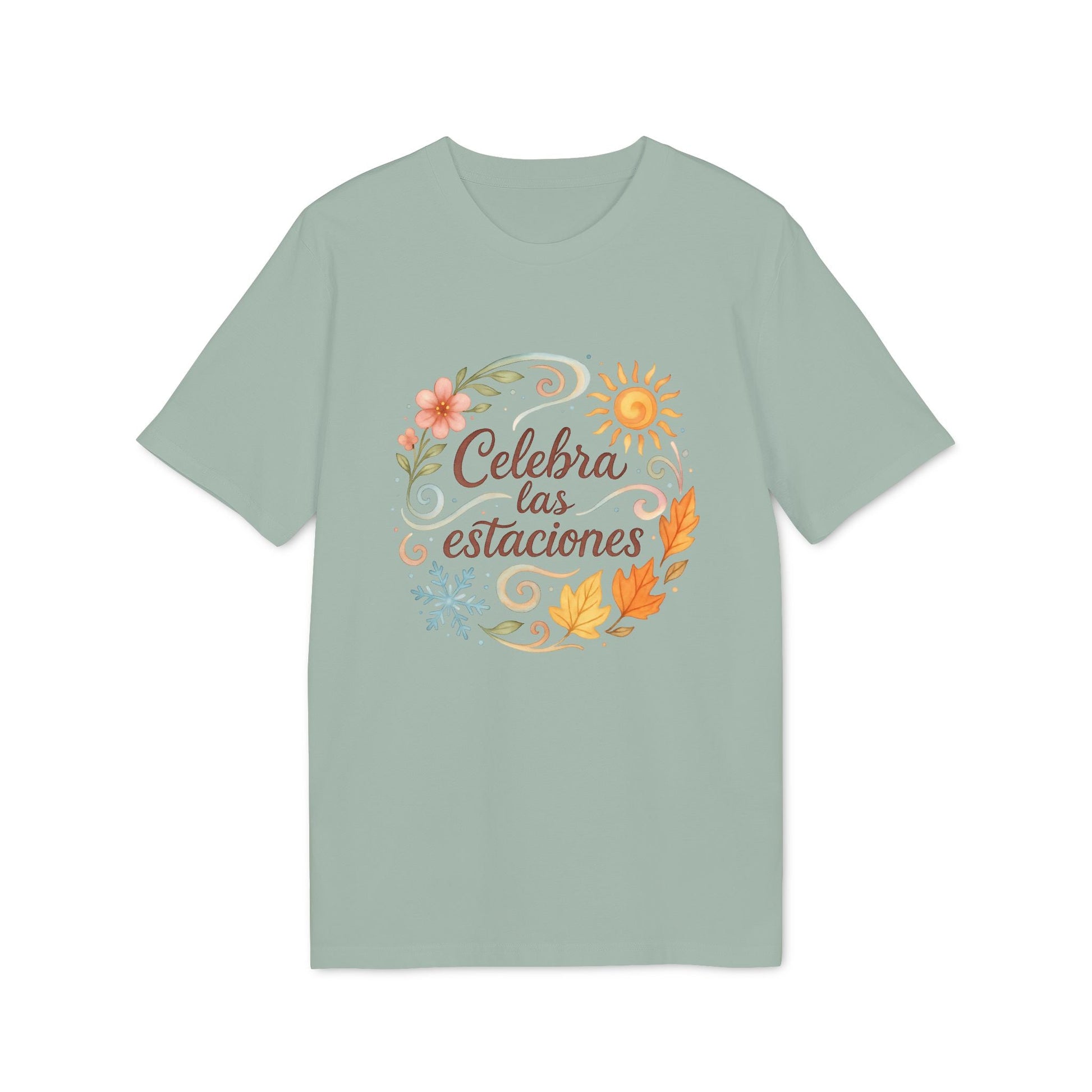 Celebra las Estaciones Rudolf Steiner 100% Organic Cotton T-Shirt camiseta verde salvia con diseño “Celebra las estaciones” y motivos florales