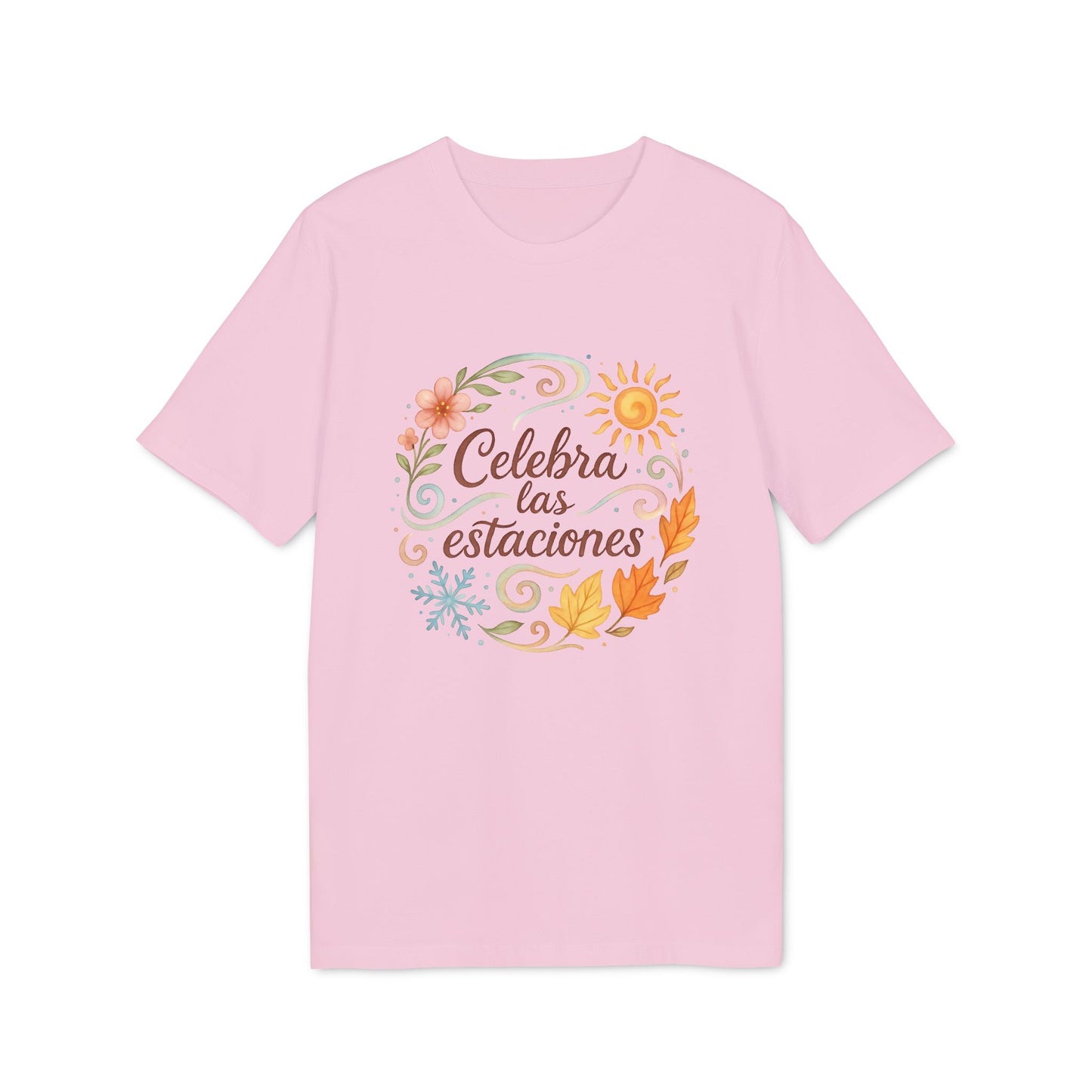 Celebra las Estaciones Rudolf Steiner 100% Organic Cotton T-Shirt rosa con diseño floral y sol “Celebra las estaciones”