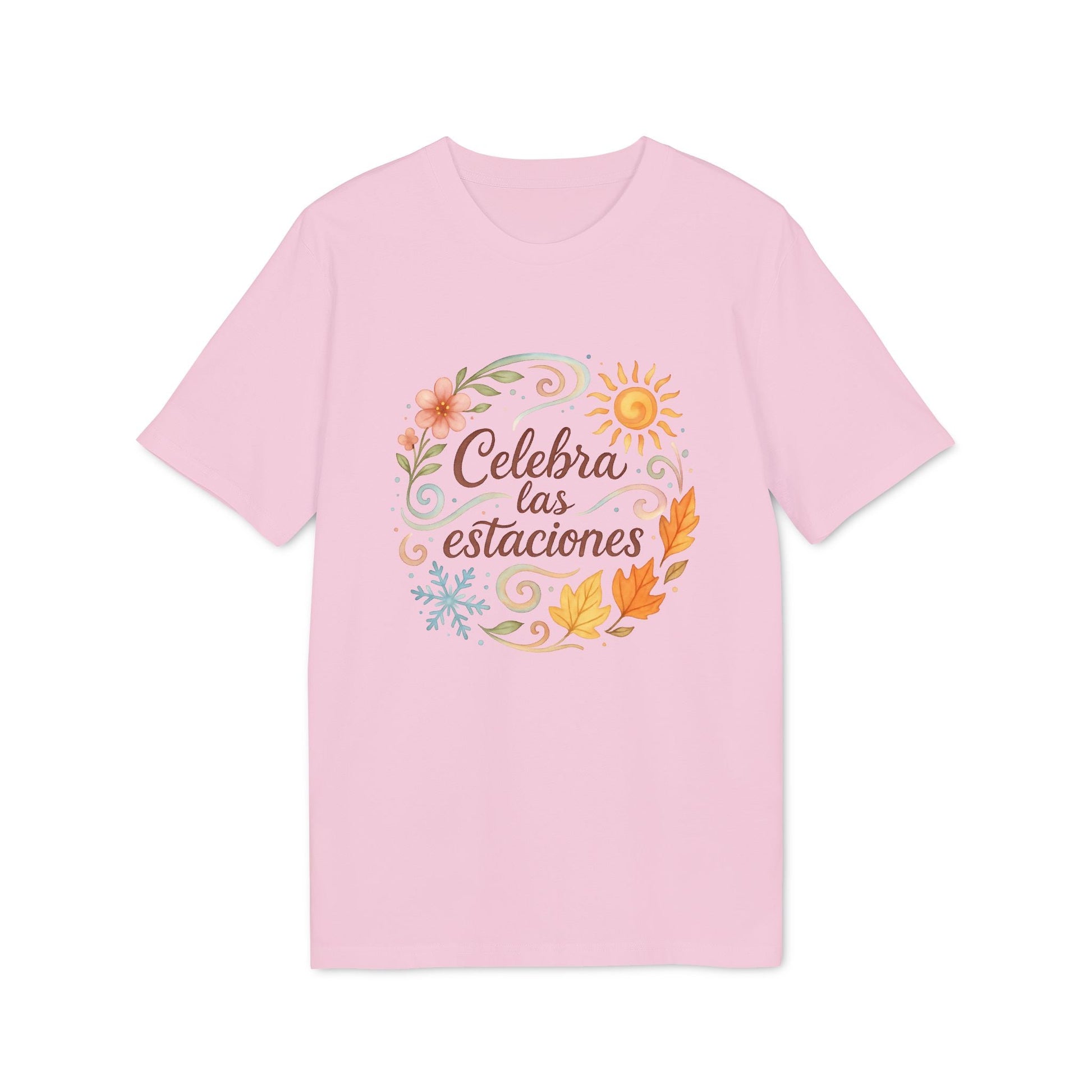 Celebra las Estaciones Rudolf Steiner 100% Organic Cotton T-Shirt rosa con diseño floral y sol “Celebra las estaciones”
