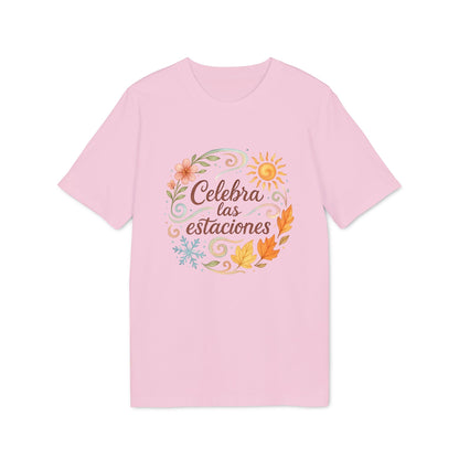 Celebra las Estaciones Rudolf Steiner 100% Organic Cotton T-Shirt rosa con diseño floral y sol “Celebra las estaciones”