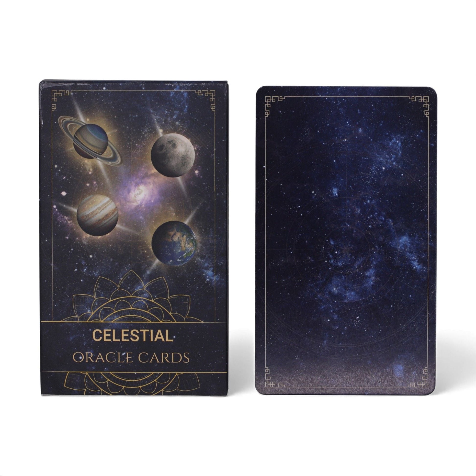 Plastic & Paper Oracle Cards – 12x7.5 CM Spiritual Deck, Celestial oracle card box with planets and starry card back design