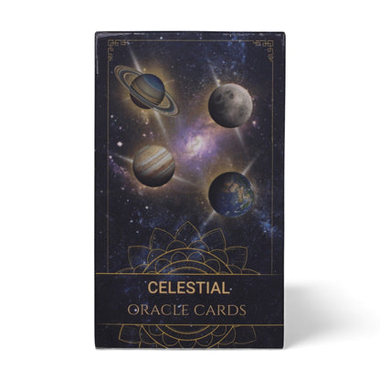 Alt Tag: Plastic & Paper Oracle Cards – 12x7.5 CM Spiritual Deck, celestial oracle cards box with planets and galaxy design
