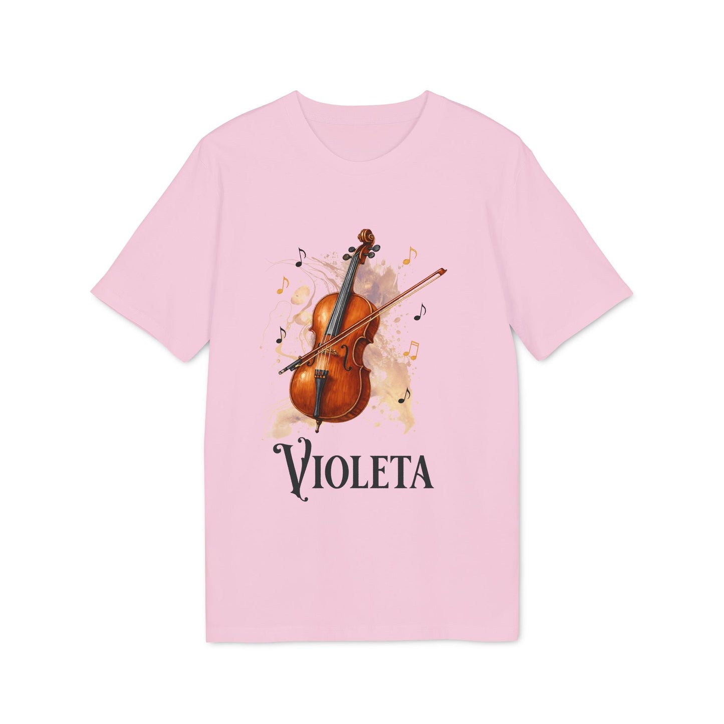 Alt Tag: Cello Personalized Premium Unisex T-Shirt rosa con ilustración de violonchelo, notas musicales y nombre personalizado “VIOLETA”