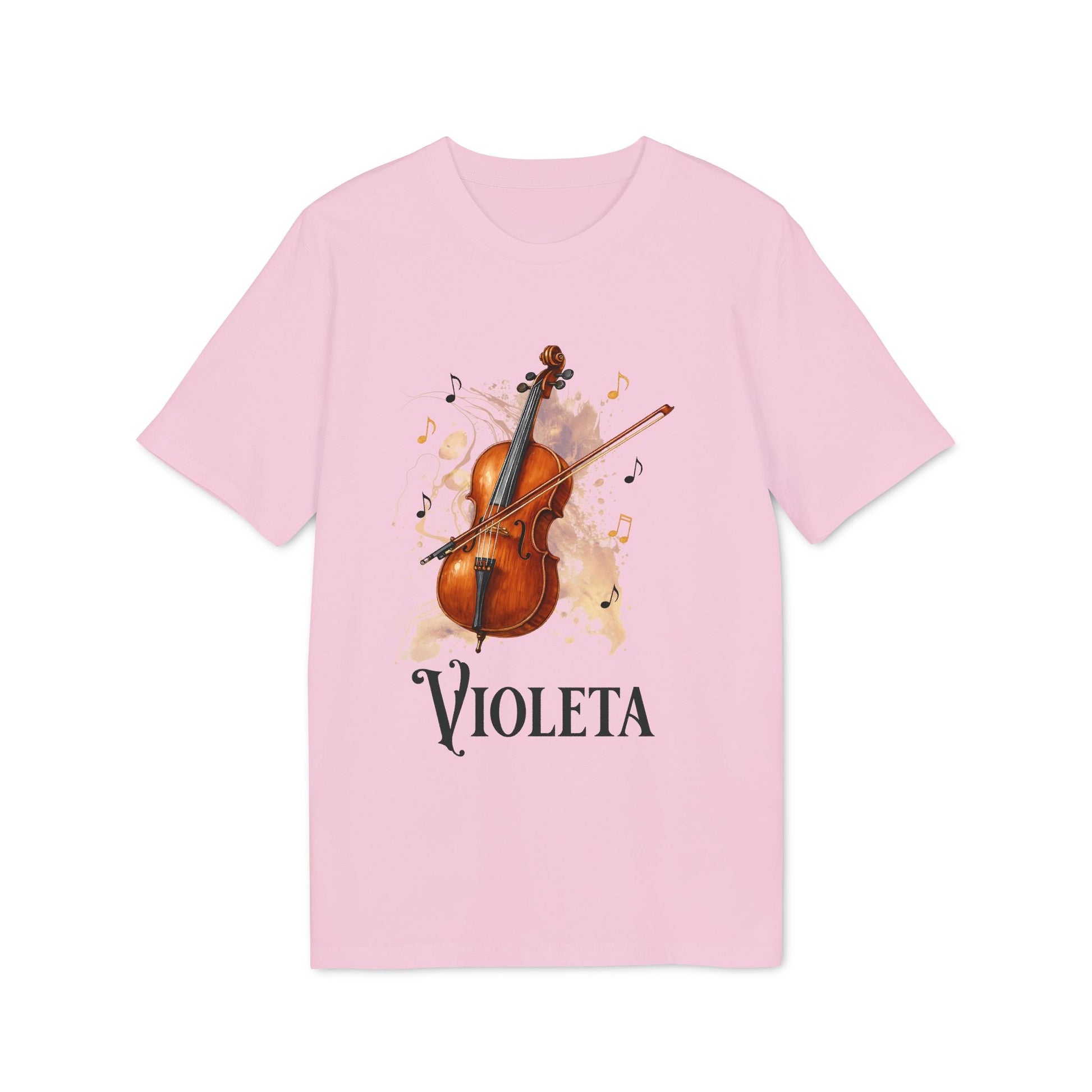 Alt Tag: Cello Personalized Premium Unisex T-Shirt rosa con ilustración de violonchelo, notas musicales y nombre personalizado “VIOLETA”