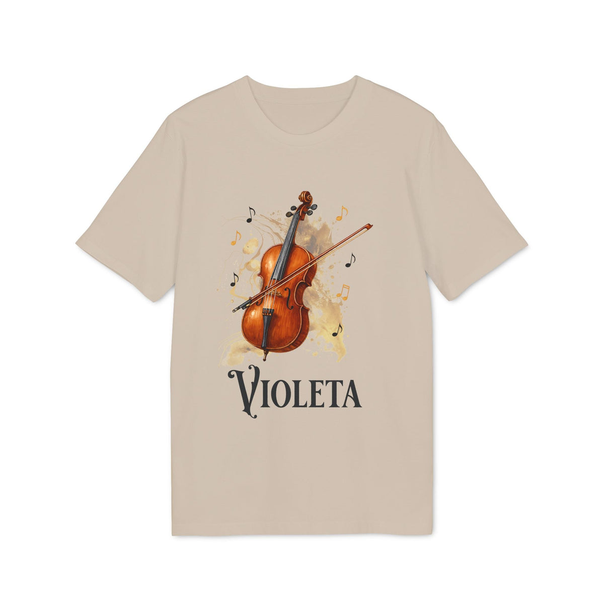 Cello Personalized Premium Unisex T-Shirt beige with cello illustration, musical notes and personalized name VIOLETA
