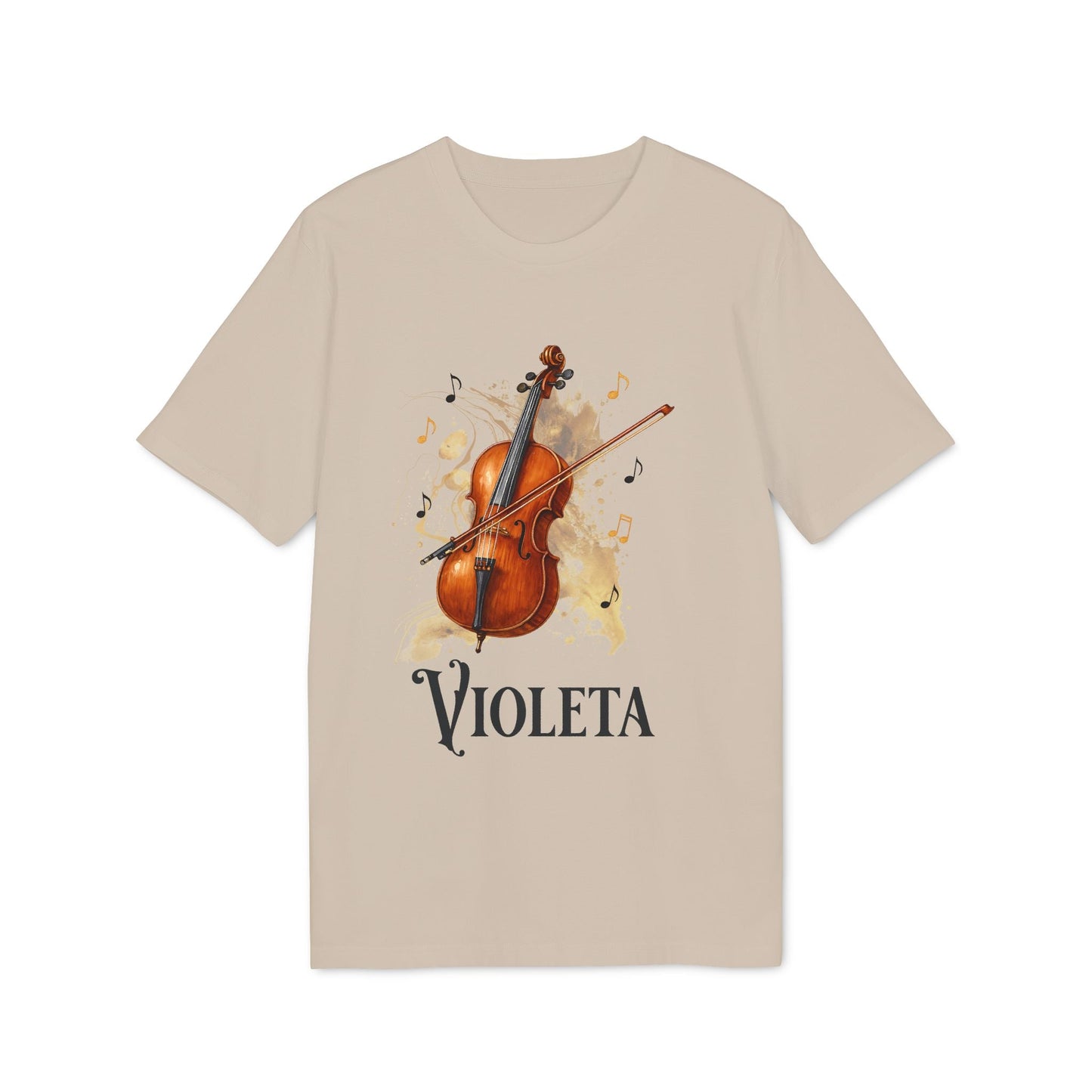 Cello Personalized Premium Unisex T-Shirt beige with cello illustration, musical notes and personalized name VIOLETA