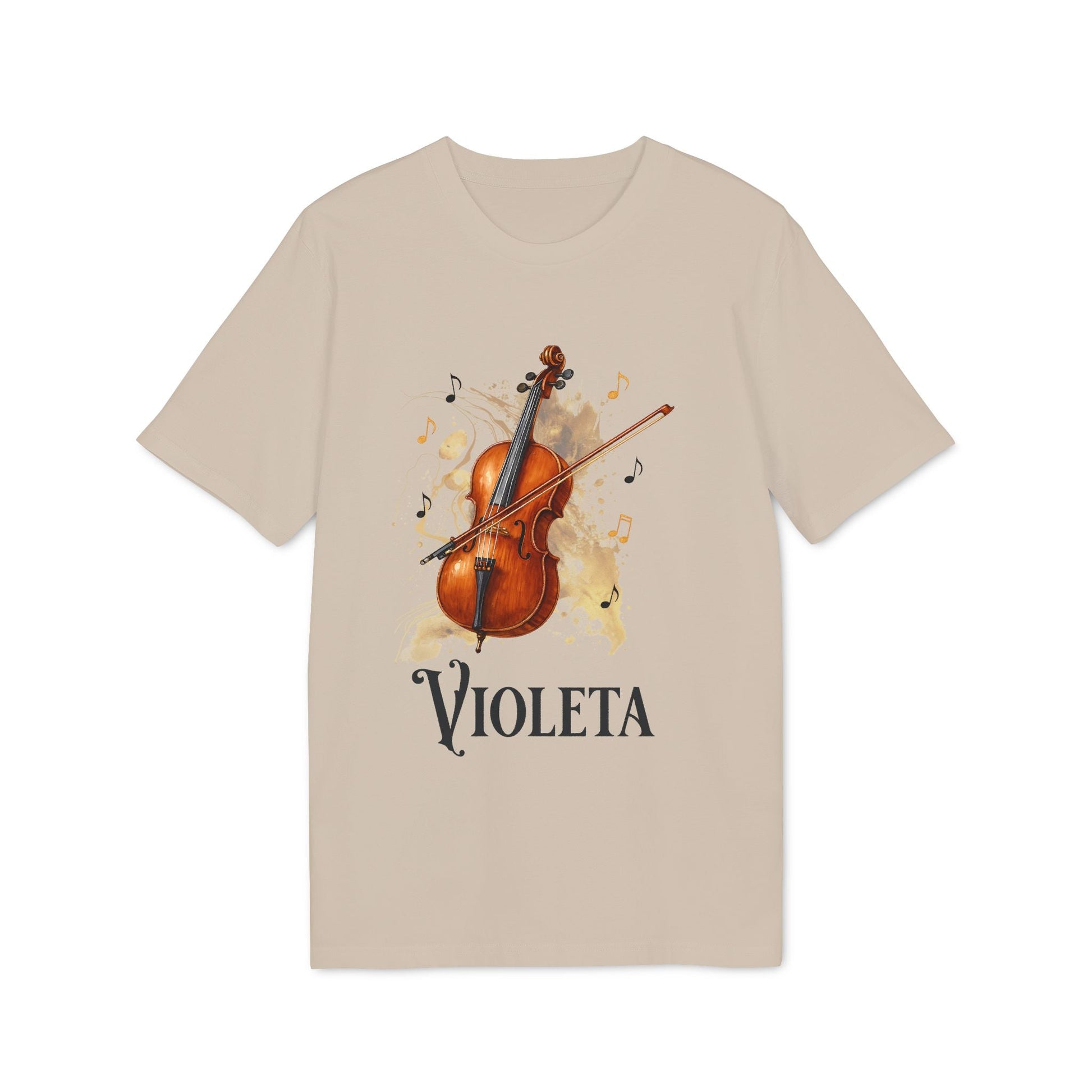 Cello Personalized Premium Unisex T-Shirt beige with cello illustration, musical notes and personalized name VIOLETA