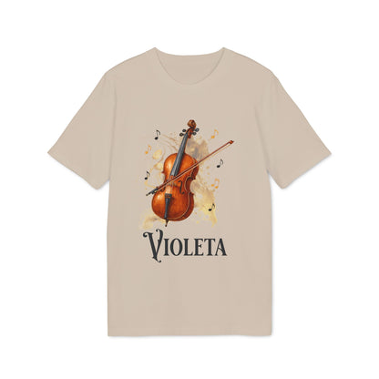 Cello Personalized Premium Unisex T-Shirt beige with cello illustration, musical notes and personalized name VIOLETA