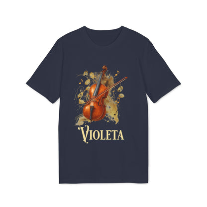 Alt Tag: Cello Personalized Premium Unisex T-Shirt azul marino con ilustración de violonchelo y nombre personalizado “VIOLETA” en el frente