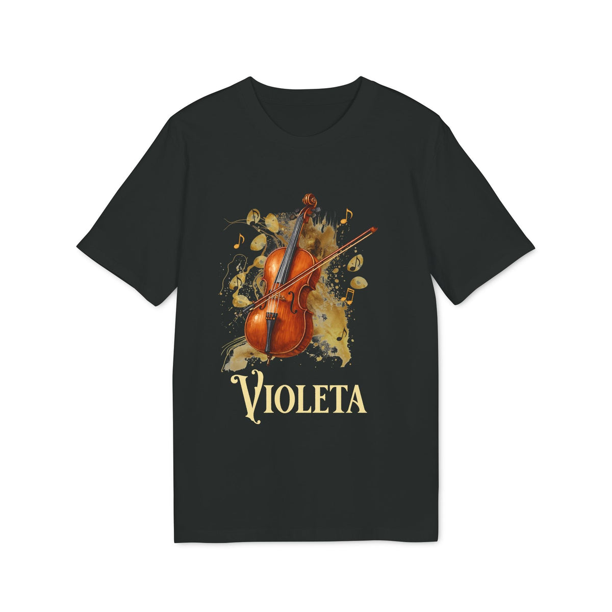 Alt Tag: Cello Personalized Premium Unisex T-Shirt negra con ilustración de violonchelo y nombre personalizado 