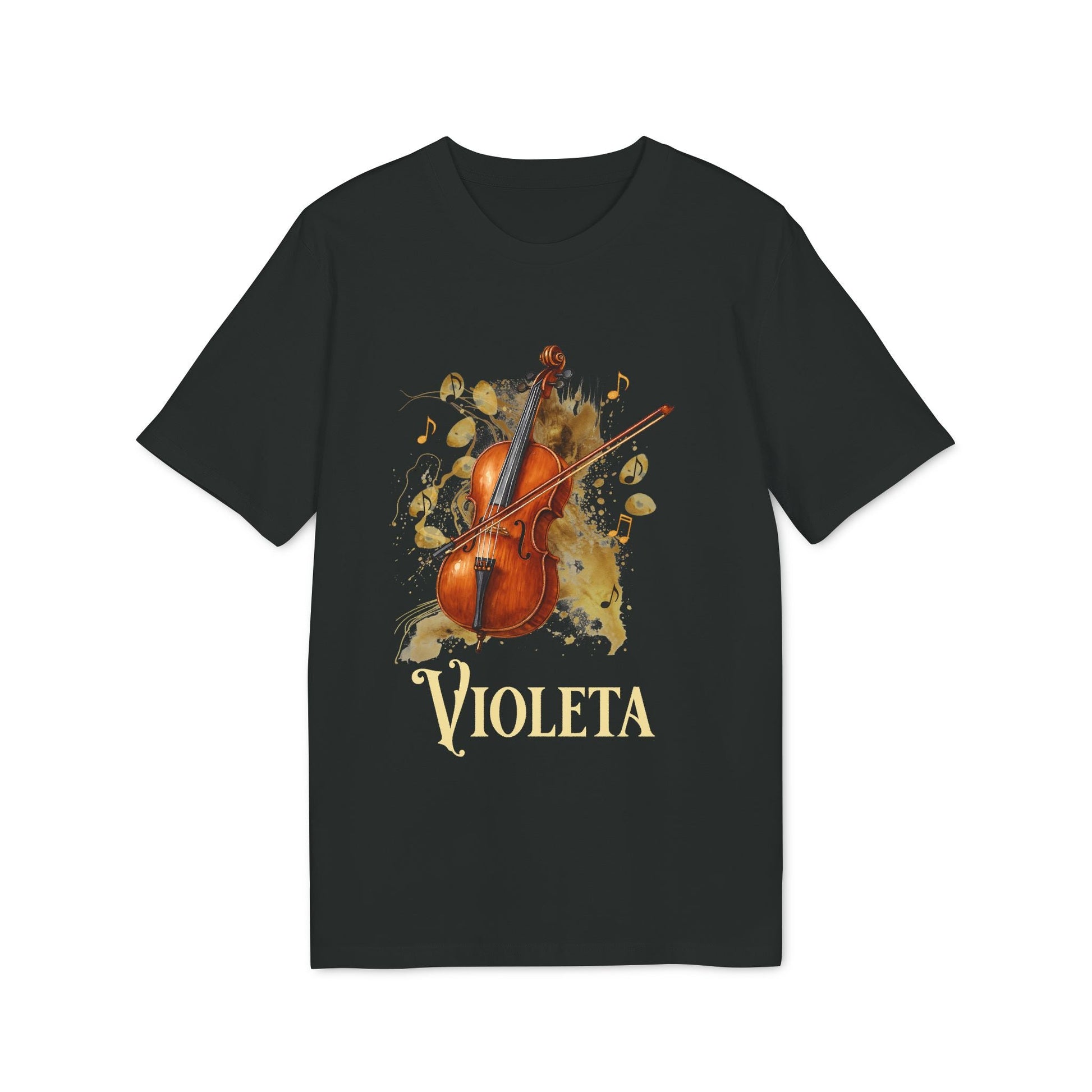 Alt Tag: Cello Personalized Premium Unisex T-Shirt negra con ilustración de violonchelo y nombre personalizado "VIOLETA"