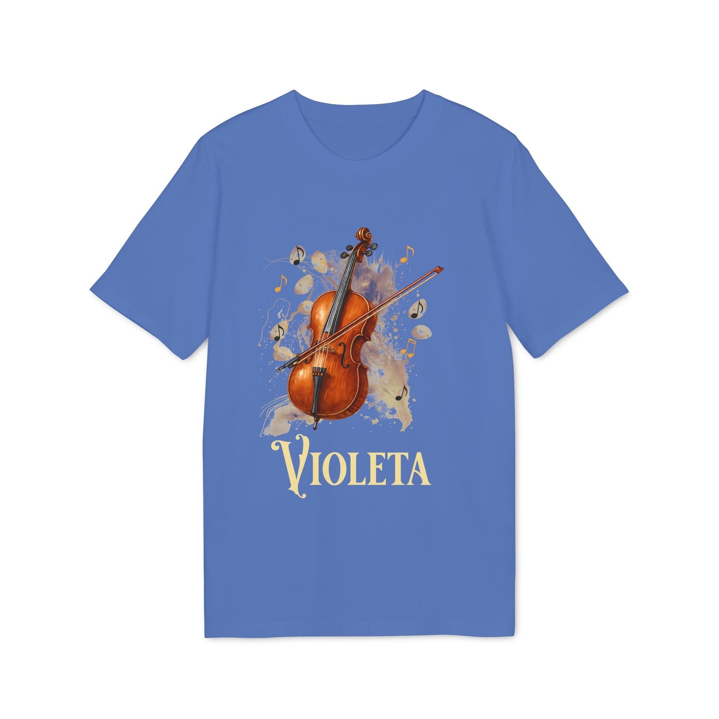 Alt Tag: Cello Personalized Premium Unisex T-Shirt azul con ilustración de violonchelo y nombre personalizado “VIOLETA” impreso