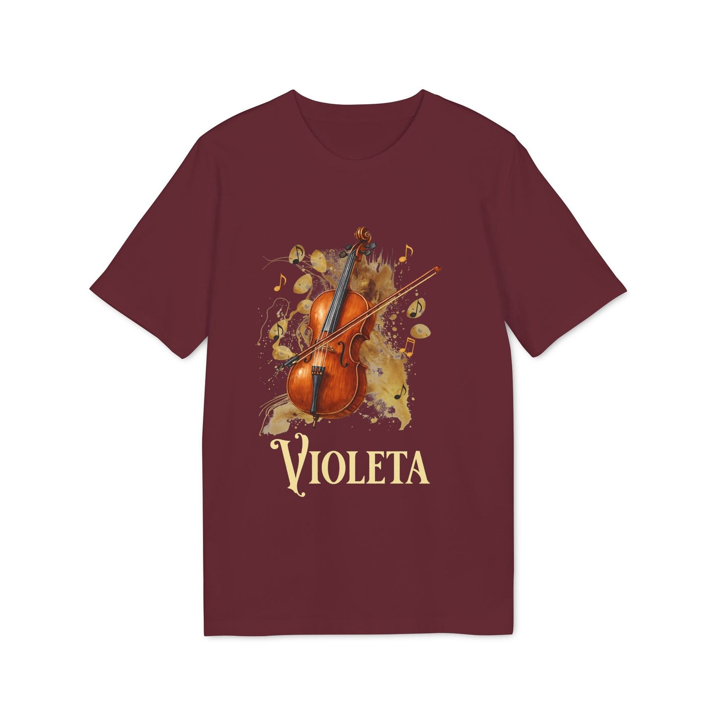 Alt Tag: Cello Personalized Premium Unisex T-Shirt color burdeos con ilustración de violonchelo y nombre personalizado “VIOLETA”