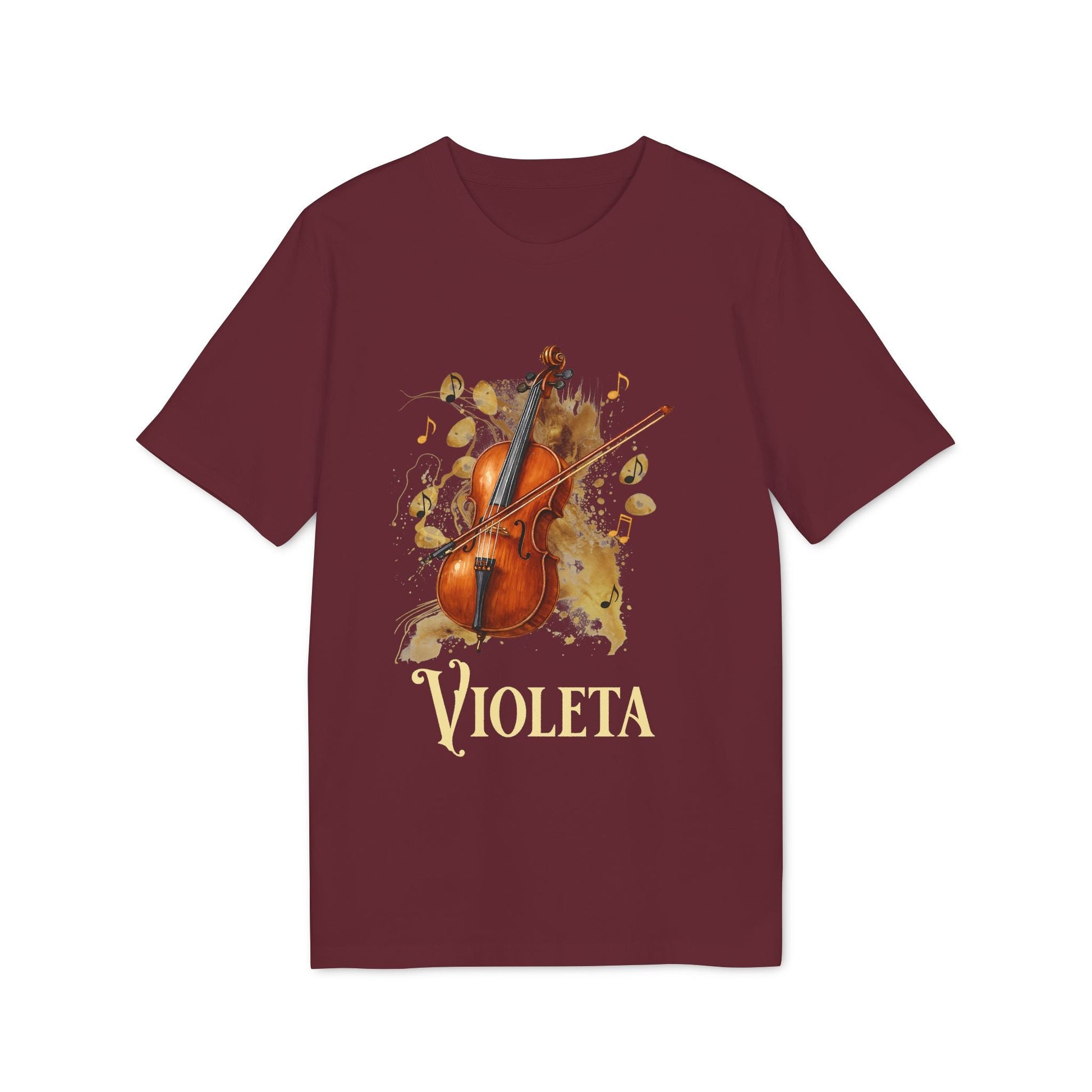 Alt Tag: Cello Personalized Premium Unisex T-Shirt color burdeos con ilustración de violonchelo y nombre personalizado “VIOLETA”