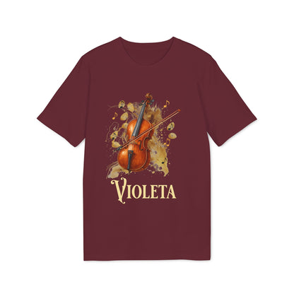 Alt Tag: Cello Personalized Premium Unisex T-Shirt color burdeos con ilustración de violonchelo y nombre personalizado “VIOLETA”