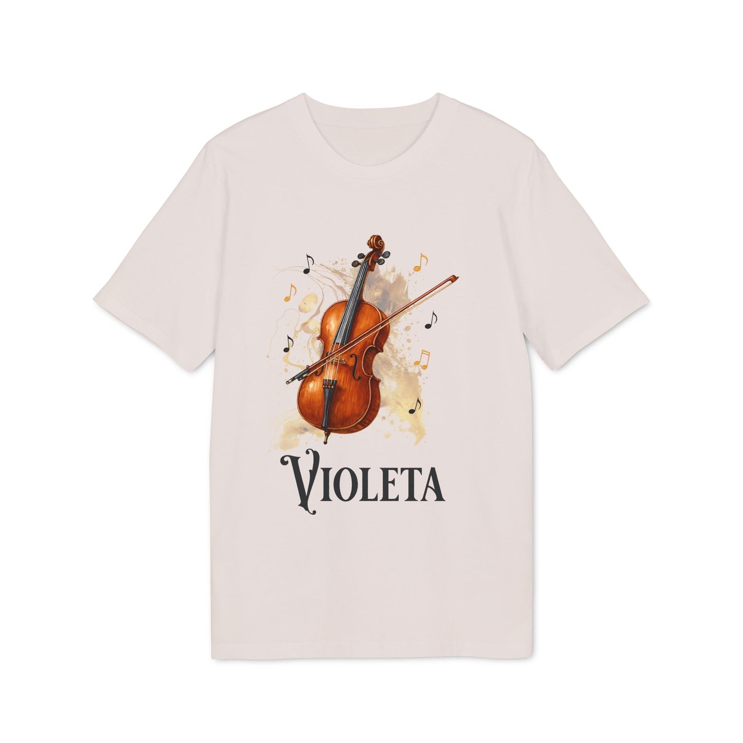 Cello Personalized Premium Unisex T-Shirt con ilustración de violonchelo y nombre Violeta en camiseta blanca