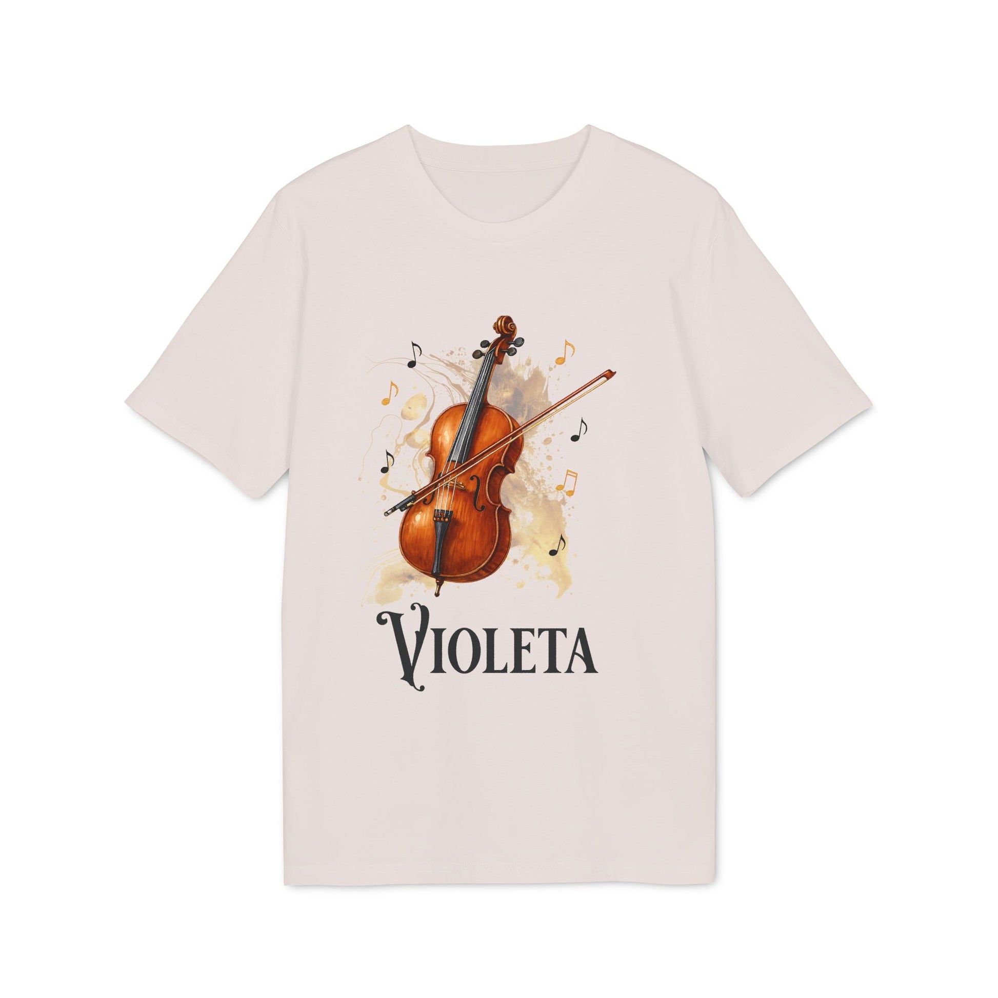 Cello Personalized Premium Unisex T-Shirt con ilustración de violonchelo y nombre Violeta en camiseta blanca