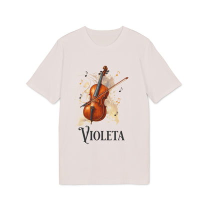 Cello Personalized Premium Unisex T-Shirt con ilustración de violonchelo y nombre Violeta en camiseta blanca