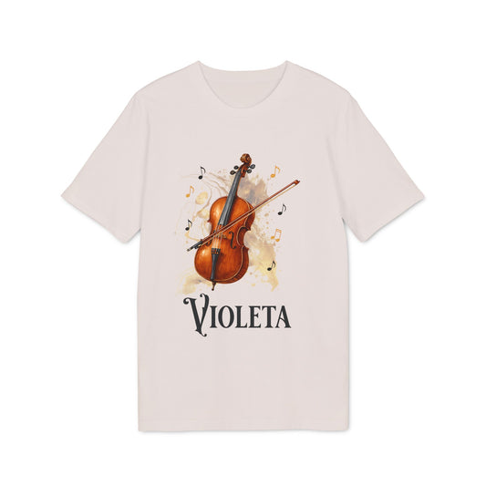 Cello Personalized Premium Unisex T-Shirt con ilustración de violonchelo y nombre Violeta en camiseta blanca