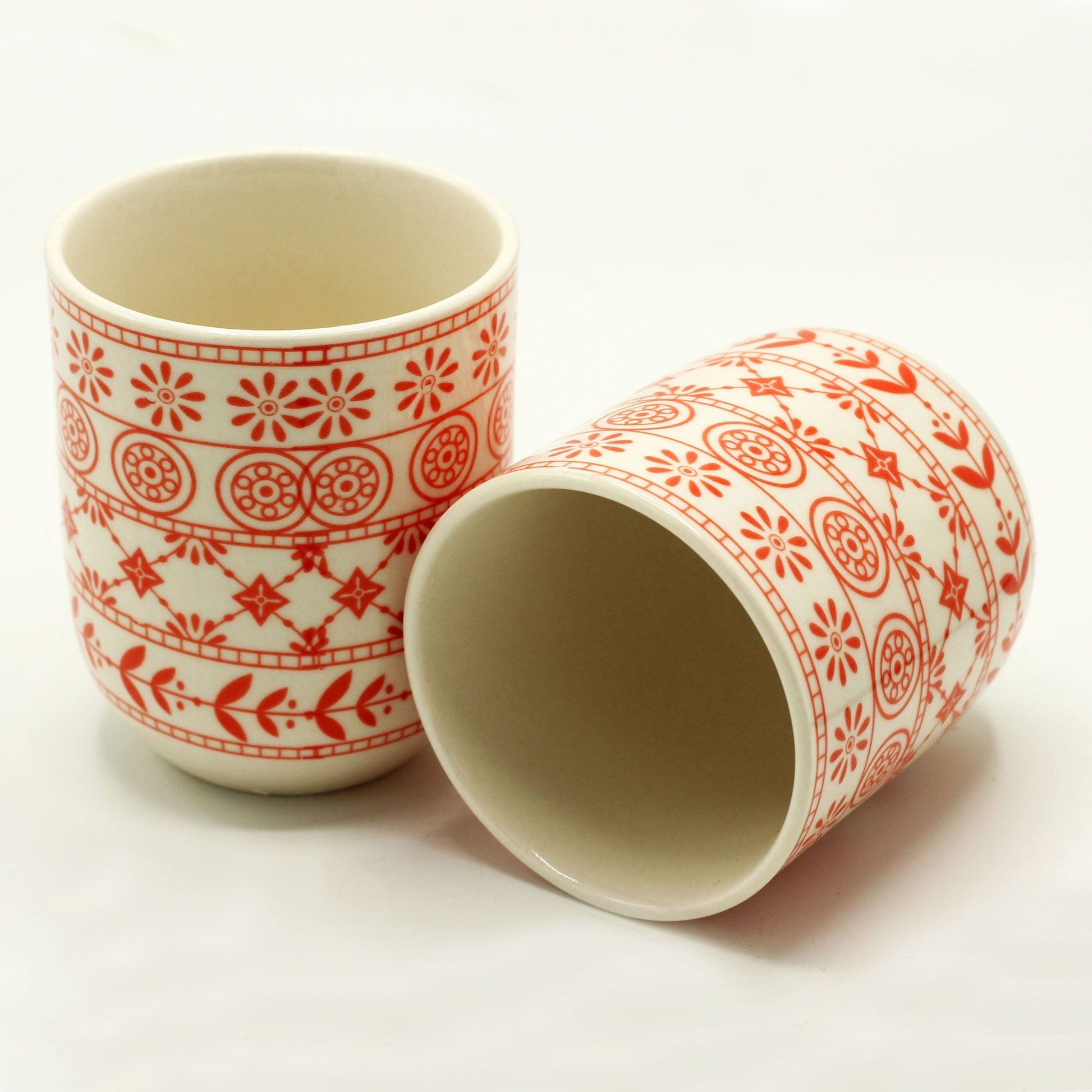 Ceramic Herbal Tea Cups – Amber Set of 6, 190ML, ceramic tea cups with red floral pattern, set of two shown on white background