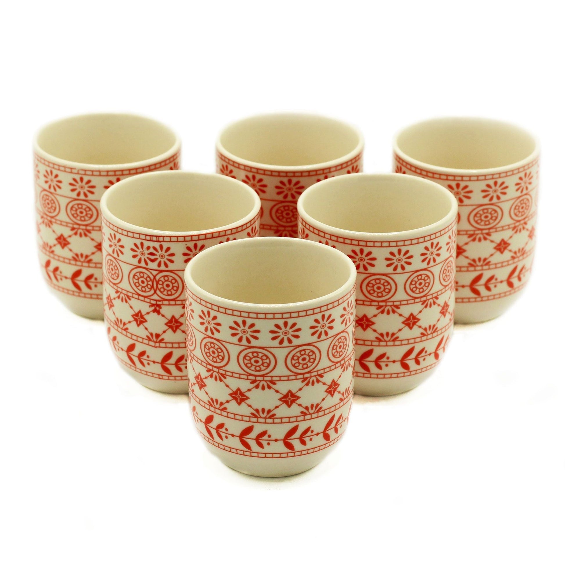 Ceramic Herbal Tea Cups – Amber Set of 6, 190ML, set de 6 tazas de cerámica con patrón rojo sobre fondo claro