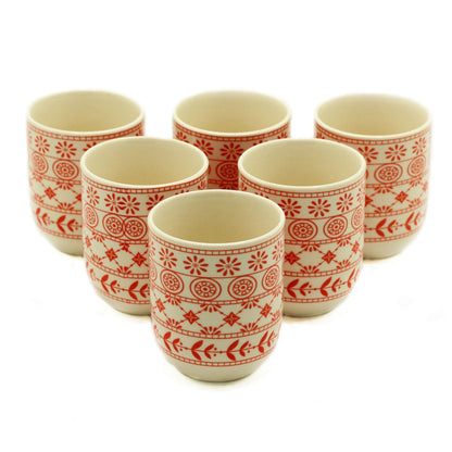 Ceramic Herbal Tea Cups – Amber Set of 6, 190ML, set de 6 tazas de cerámica con patrón rojo sobre fondo claro