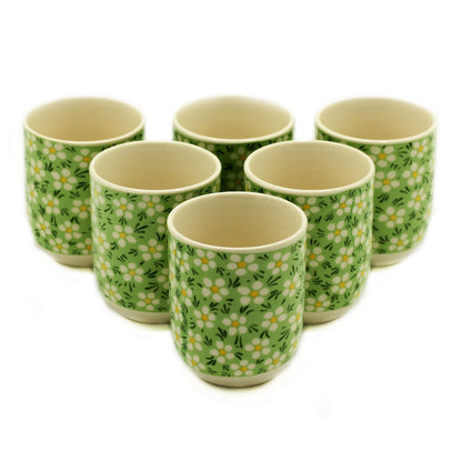 Keramische Kräuterteetassen – Green Daisy, 6er-Set, 190ML, Green Daisy Blütenmotiv Keramik-Teetassen-Set auf weißem Hintergrund