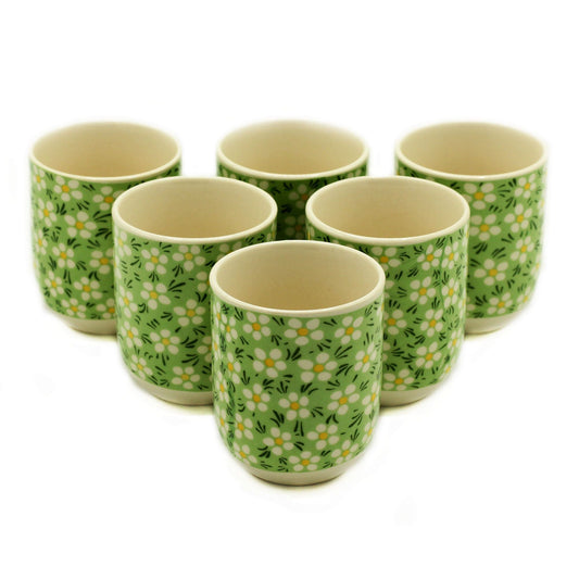 Keramische Kräuterteetassen – Green Daisy, 6er-Set, 190ML, Green Daisy Blütenmotiv Keramik-Teetassen-Set auf weißem Hintergrund