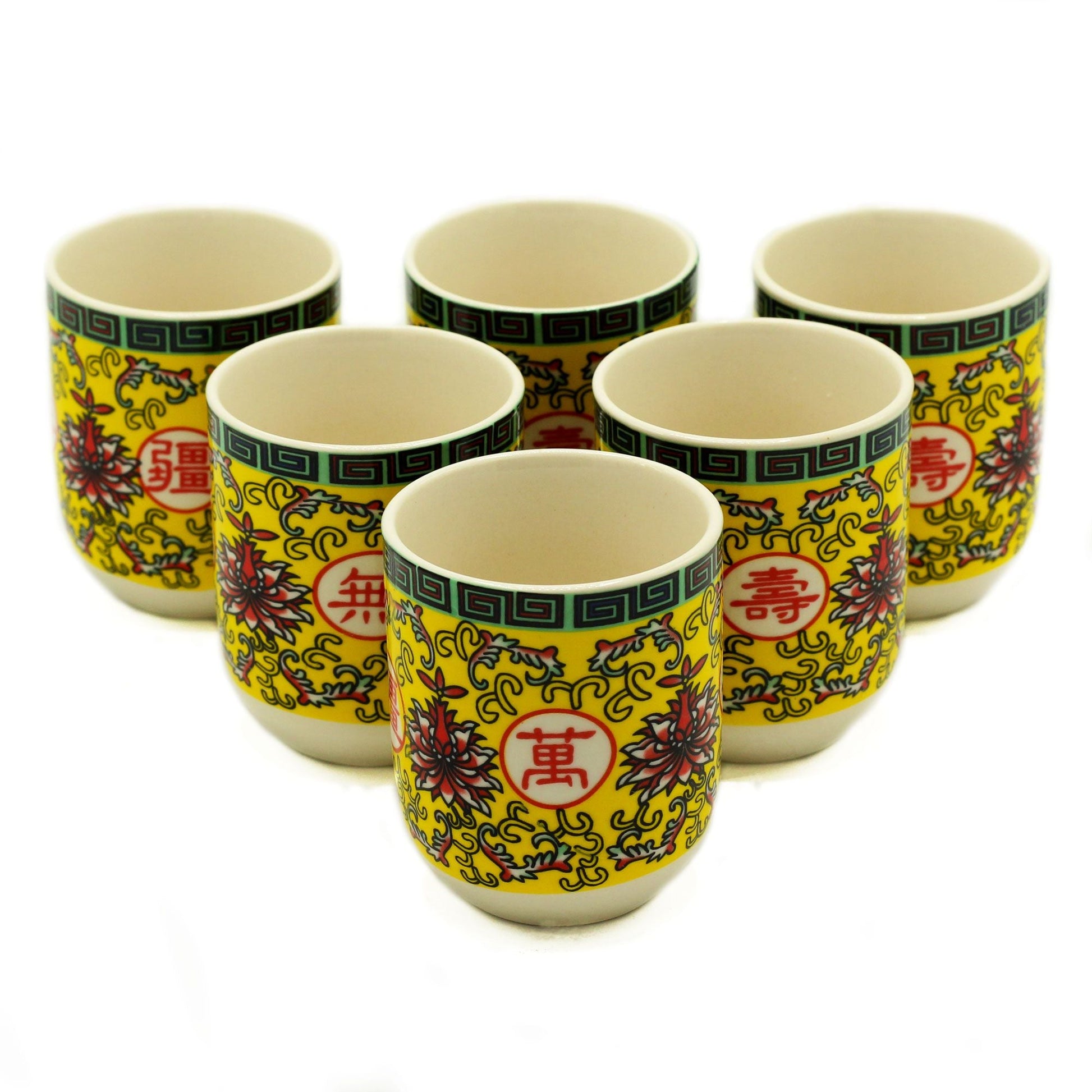Alt Tag: Ceramic Herbal Tea Cups – Long Life Oriental Design, 190ML Set of 6 with yellow oriental pattern, ceramic tea cup set