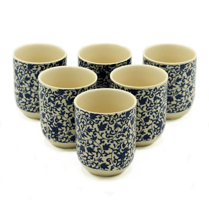 Alt Tag: Ceramic Herbal Tea Cups – Set of 6, 190ML blue patterned ceramic cups on white background