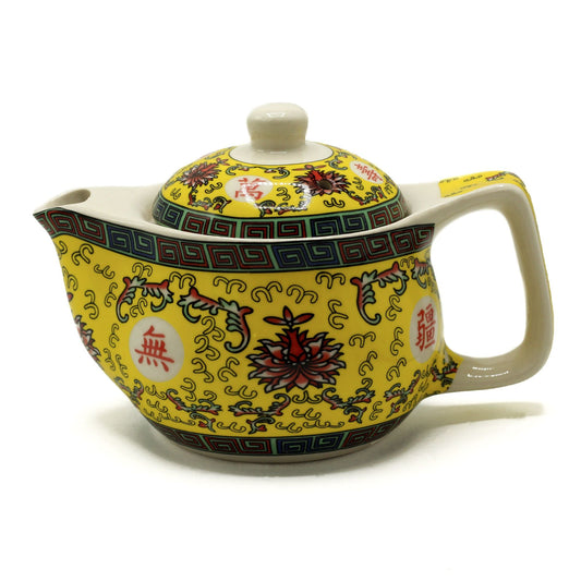 Alt Tag: Ceramic Herbal Teapot – 350ML Long Life Design yellow ceramic teapot with traditional Chinese pattern and lid