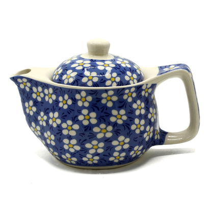 Alt Tag: Ceramic Herbal Teapot – Blue Daisy 350ML ceramic teapot with blue daisy pattern, lid and handle, side view