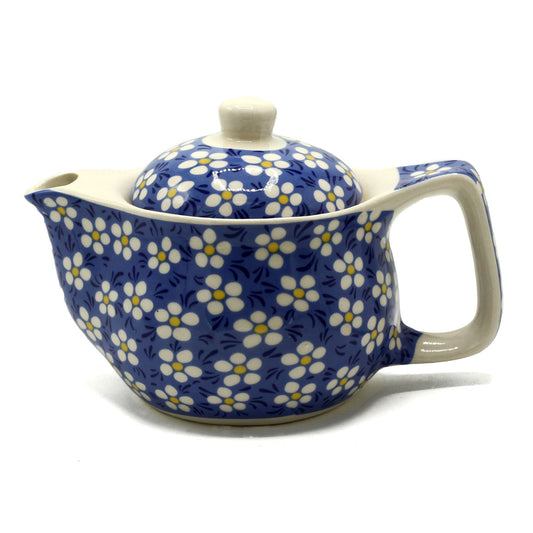 Alt Tag: Ceramic Herbal Teapot – Blue Daisy 350ML ceramic teapot with blue daisy pattern, lid and handle, side view