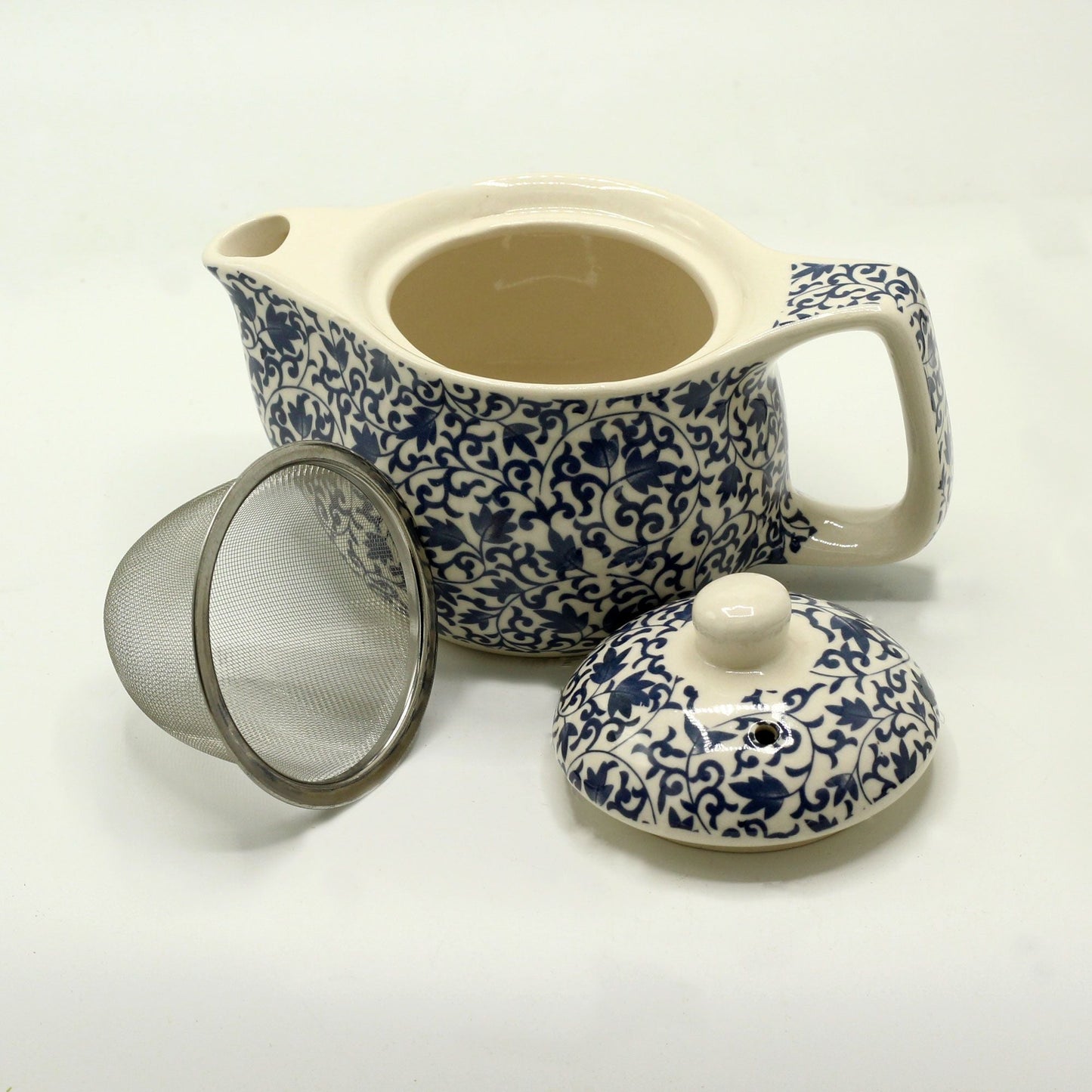 Ceramic Herbal Teapot – Blue Pattern 350ML with metal strainer and lid, blue floral ceramic loose-leaf teapot