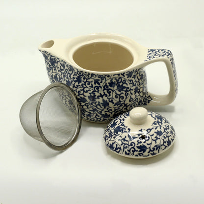 Ceramic Herbal Teapot – Blue Pattern 350ML with metal strainer and lid, blue floral ceramic loose-leaf teapot