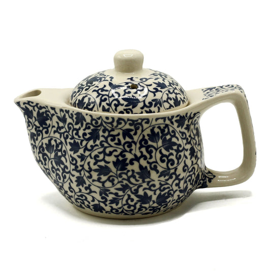 Alt Tag: Ceramic Herbal Teapot – Blue Pattern 350ML ceramic teapot with blue floral pattern, metal strainer, 350ml loose-leaf tea pot